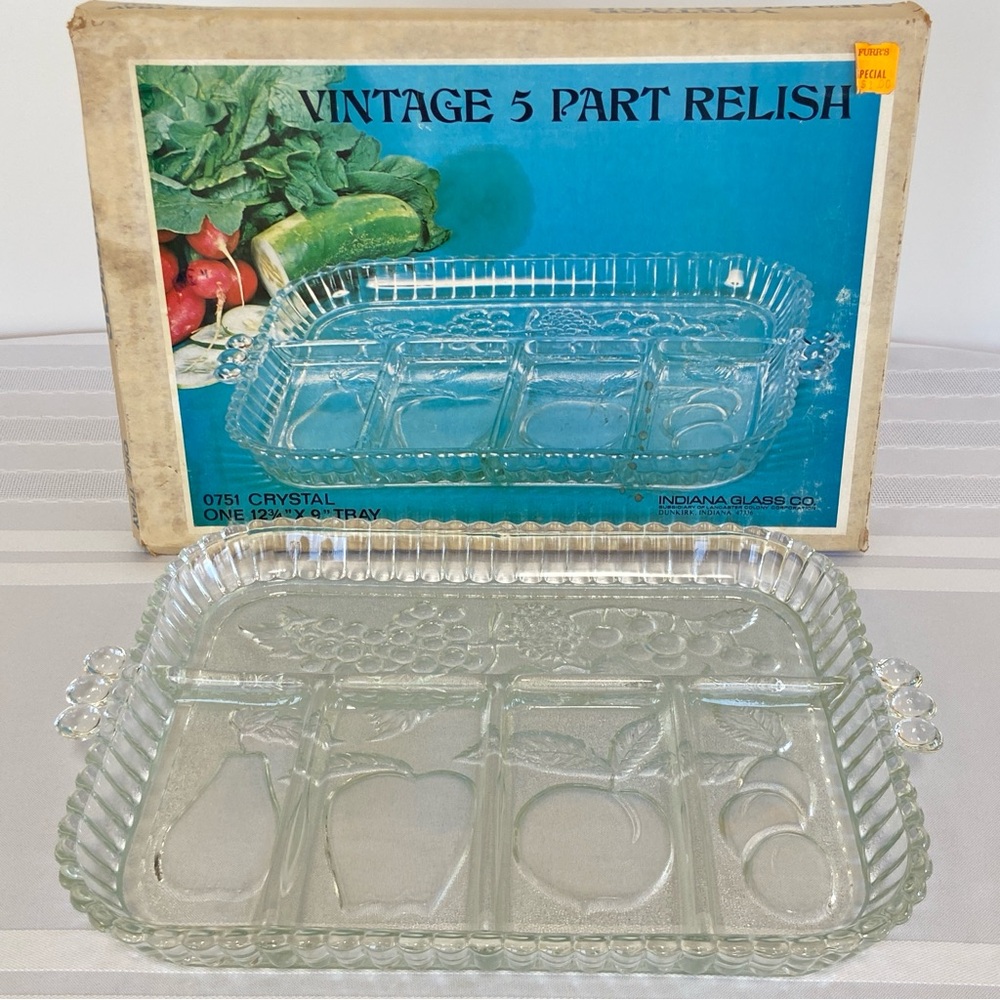 Indiana Glass Co Vintage 5 Part Relish Tray 0751 in Original Box 1970s Fruits